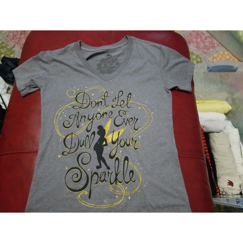 Womens Disney Store Short Sleeve Gray Tinkerbell Shirt Glitter Quote size Small